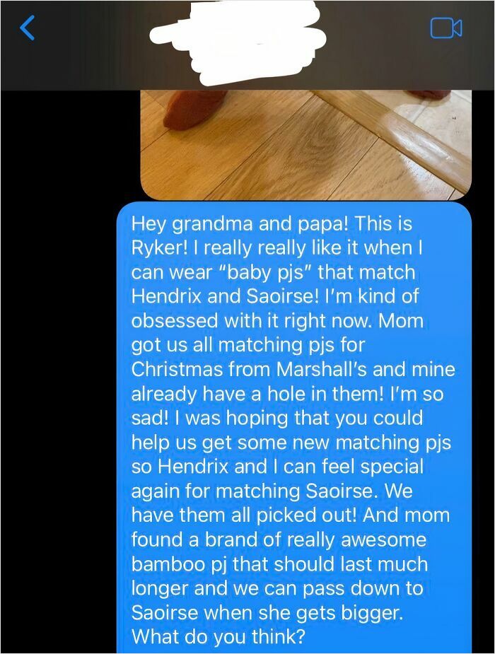A cringey parent's text message from their child to grandparents, asking for new matching pajamas after the old ones got holes.