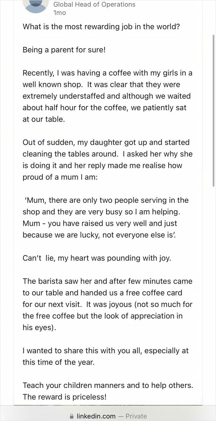 A LinkedIn post about a daughter cleaning tables at a cafe to help understaffed workers. Not cringey parents.