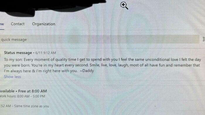 A cringey parent's love message to his son on a computer screen, a bit too sweet to be casual.