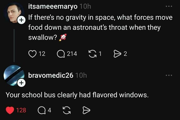 A screenshot of a burn insult from a social media comment section about astronauts swallowing food.