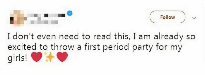 A Twitter post about a parent excited to throw a first period party for her daughters. Example of cringey parents.