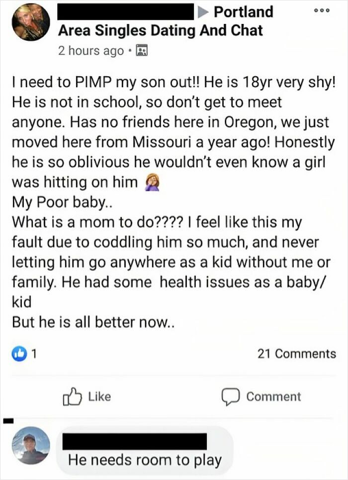 A cringey parent's Facebook post on Area Singles Dating and Chat, attempting to find a date for her 18-year-old son.