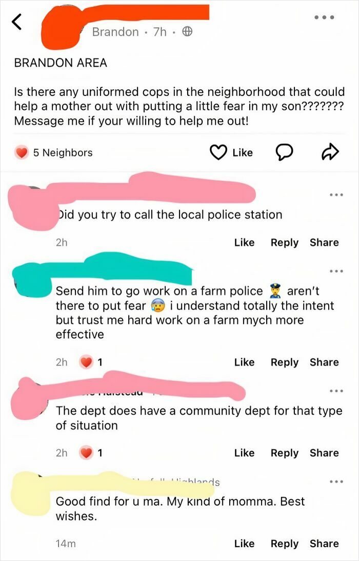 A cringey parent posts on social media seeking police to scare her son, sparking various comments.