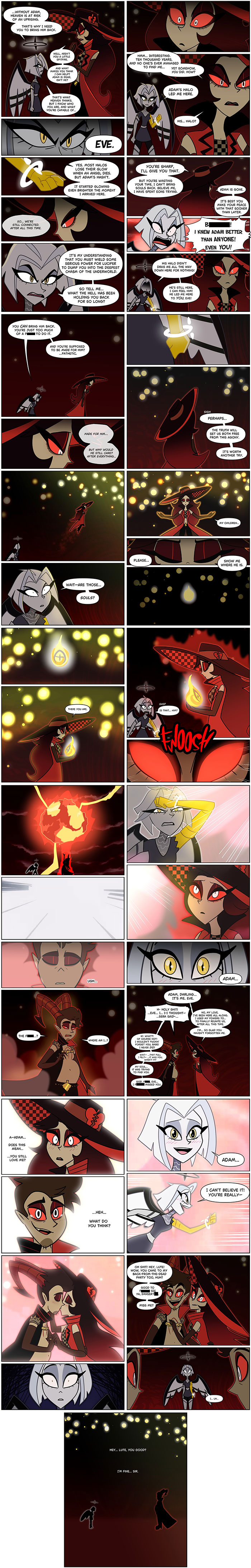 Comic panels from Hazbin Hotel fanfic featuring characters Eve and others in a dark, dramatic storyline with magic and conflict.