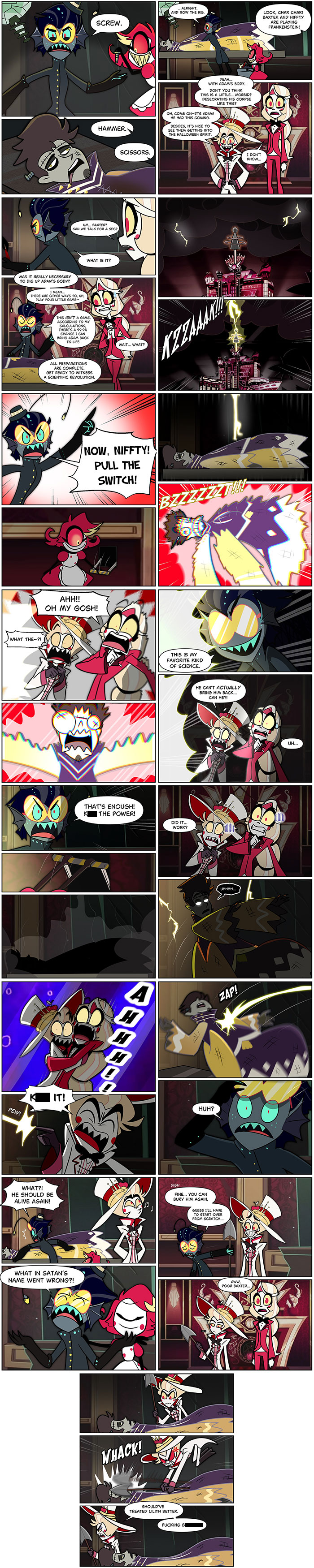 Comic panels from New Hazbin Hotel fanfics in comic form featuring characters in dynamic, colorful scenes and dialogue.