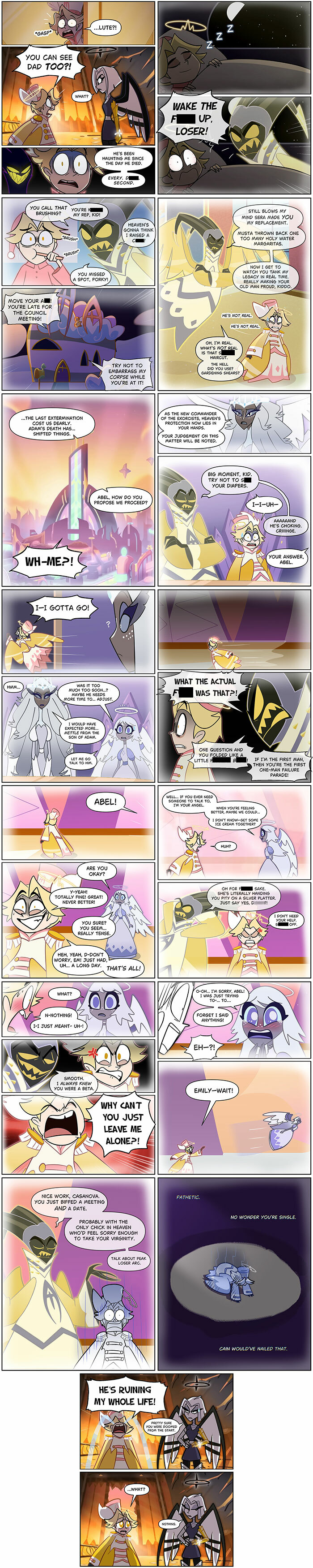 Comic panels from new Hazbin Hotel fanfics in comic form featuring characters in dynamic and emotional scenes