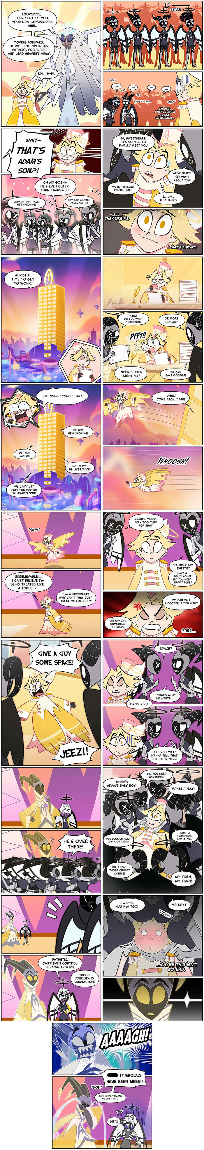 Colorful Hazbin Hotel fanfic comic panels featuring characters in humorous and dramatic scenes with dialogue and expressive emotions.