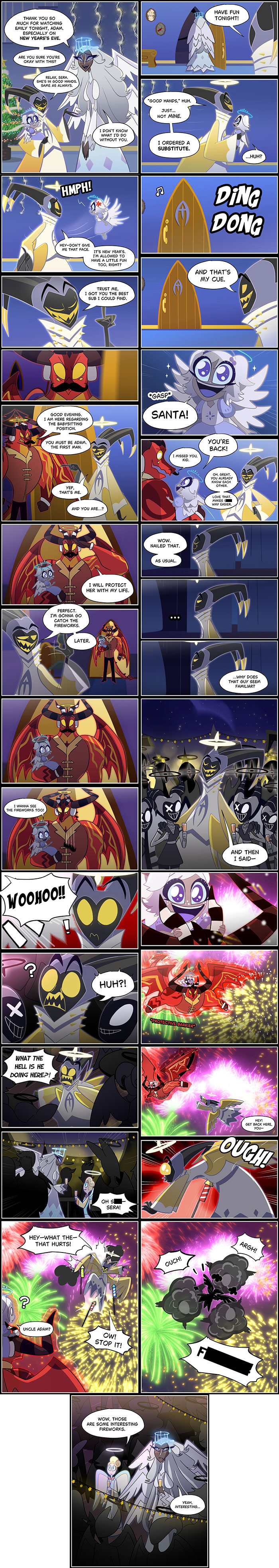 Hazbin Hotel fanfic comic panels featuring characters celebrating New Year&rsquo;s Eve with humor and fireworks.