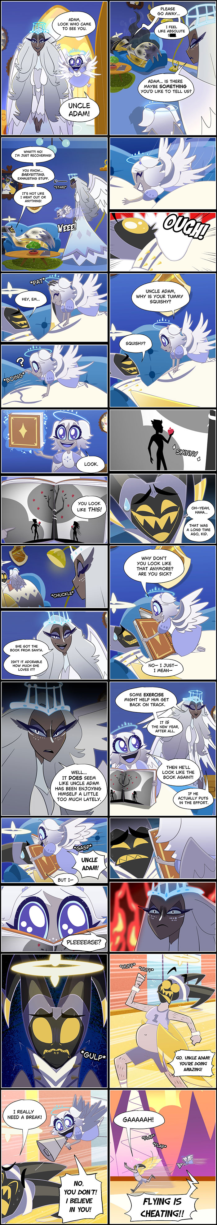 Hazbin Hotel fanfic comic panels featuring characters in a humorous and heartfelt new story about Uncle Adam.