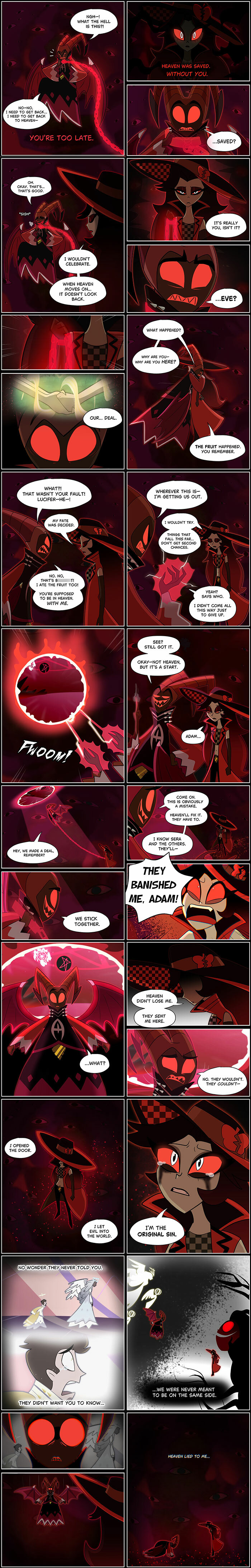 Comic panels from Hazbin Hotel fanfic showing characters in dramatic, dark scenes advancing their story in comic form.