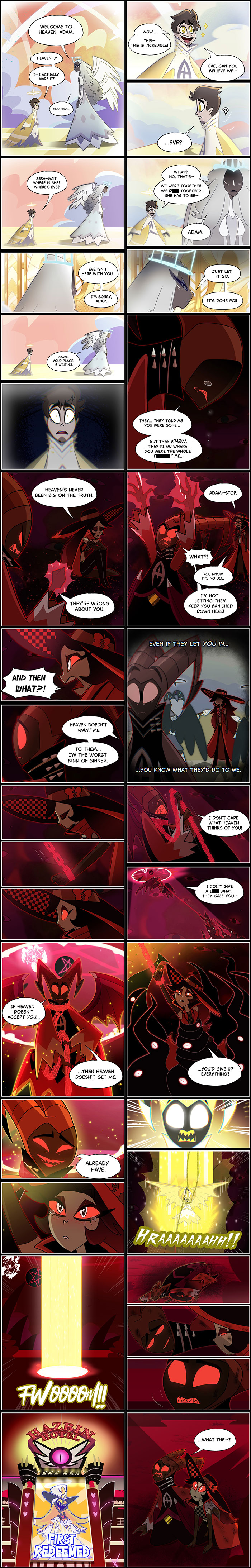 Comic panels from a Hazbin Hotel fanfic depicting intense character interactions and supernatural themes.