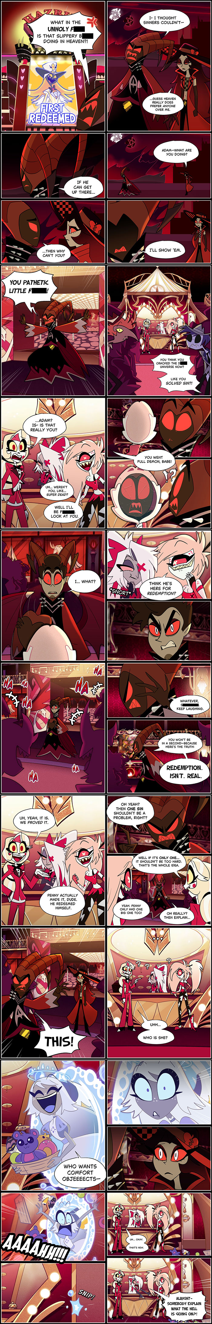 Comic panels showing Hazbin Hotel fanfic characters in dramatic, colorful scenes exploring redemption and conflict in comic form.