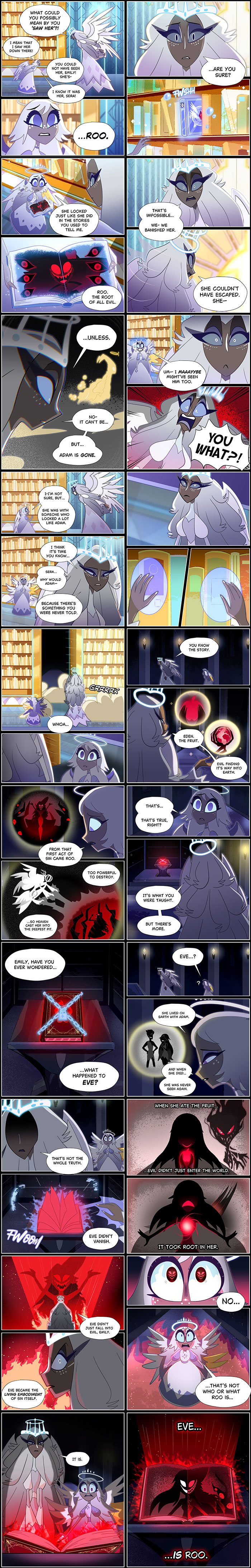 Hazbin Hotel fanfic comic panels showing characters discussing secrets and dark forces in a dramatic scene.