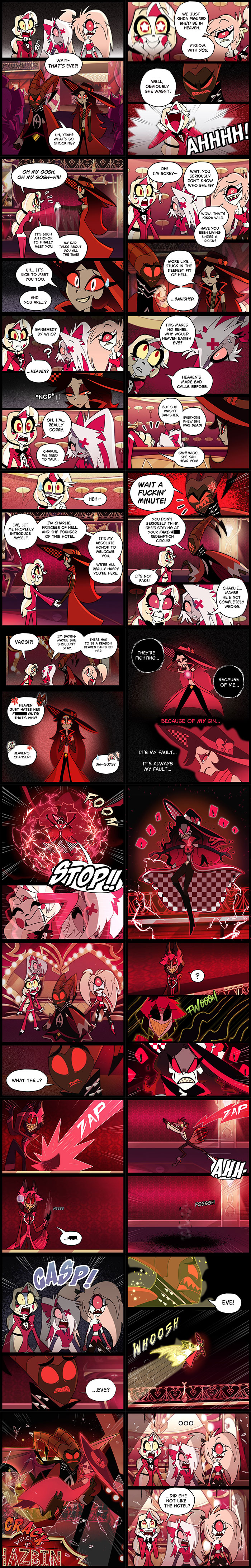 Hazbin Hotel fanfic comic panels featuring characters in dynamic scenes with dialogue and action sequences.
