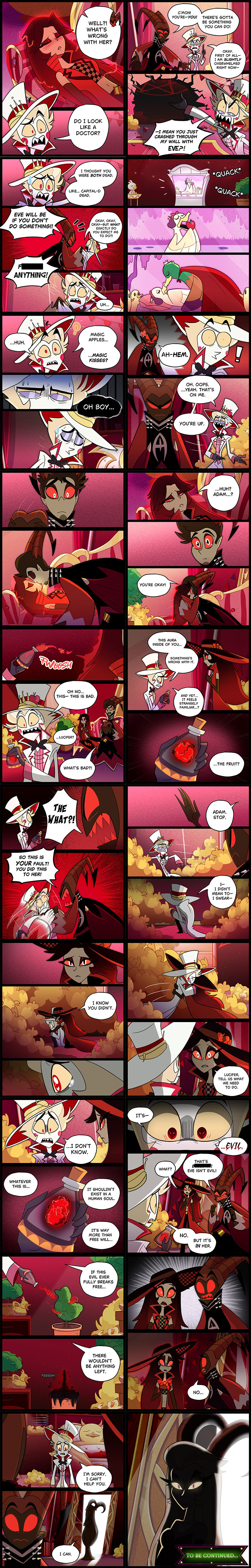 Comic panels from Hazbin Hotel fanfic showing characters in dramatic, emotional scenes with magical and dark fantasy themes.