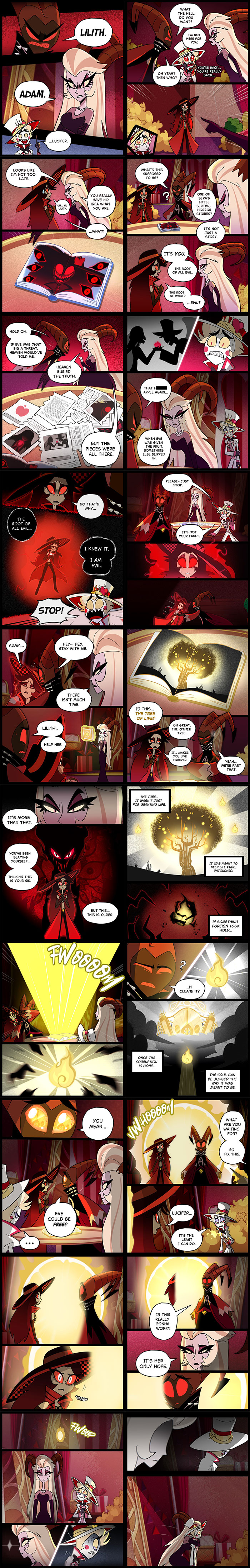 Comic panels from new Hazbin Hotel fanfics in comic form featuring characters in dramatic, fiery, and magical scenes.