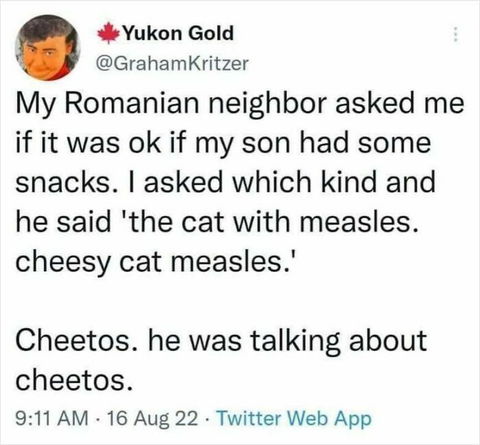 Tweet about a Romanian neighbor humorously describing Cheetos as cheesy cat measles in relatable Eastern European memes.