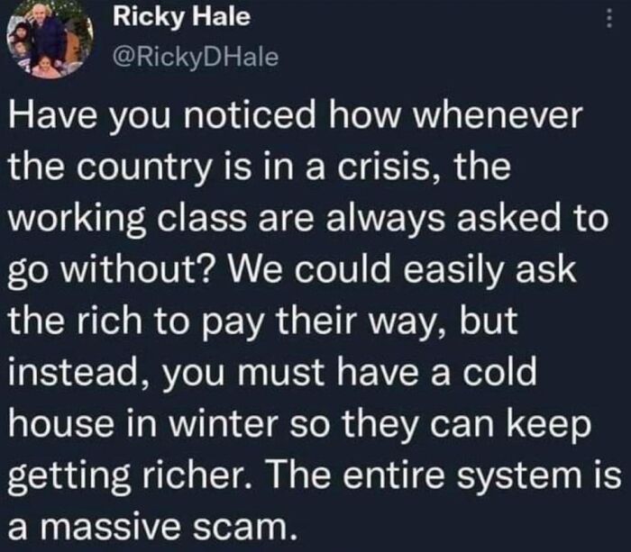 Tweet criticizing the working class suffering in crises while the rich get richer, highlighting a dystopian United States.