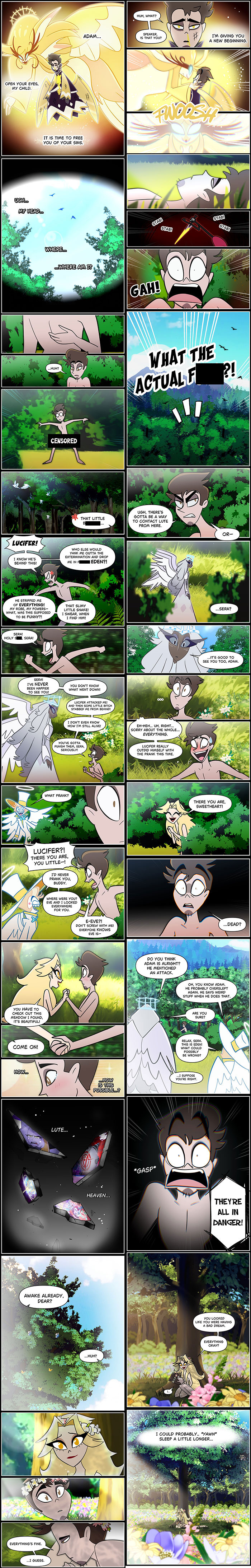 Comic panels from Hazbin Hotel fanfic in comic form featuring character transformations and dramatic forest scenes.