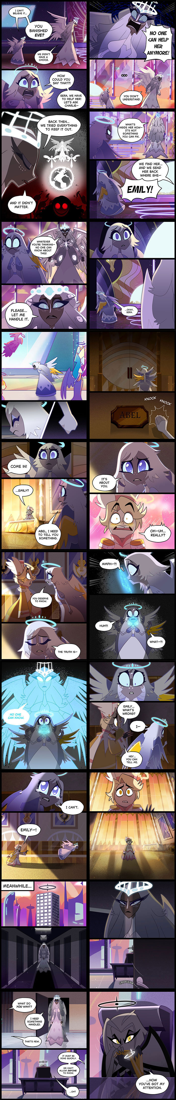 Comic panels from Hazbin Hotel fanfics in comic form showing characters in intense and emotional scenes with vibrant colors and dynamic expressions.