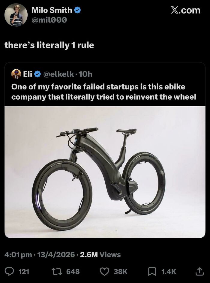 An image of an ebike that tried to reinvent the wheel, a funny you had one job fail.