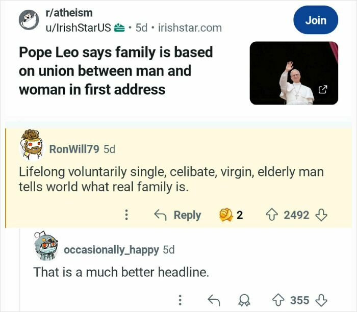 A Reddit post on r/atheism with a headline about Pope Leo and a comment providing an epic burn.