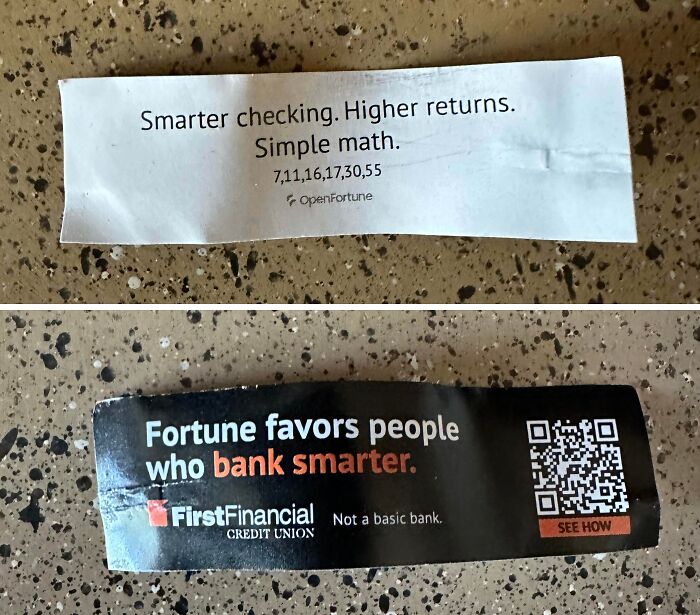 Fortune cookie messages promoting smarter banking highlight dystopian aspects of the United States economy and society.