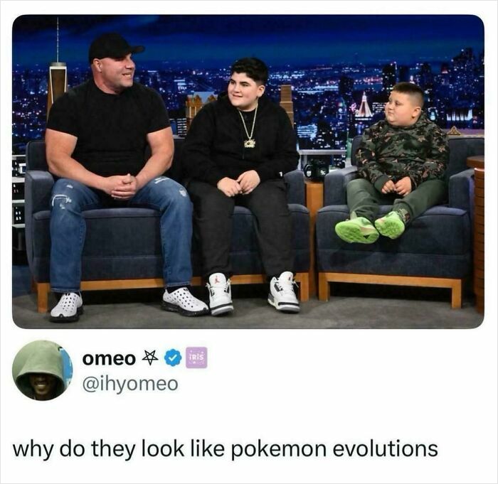 Three men of varying sizes on a talk show set, resembling Pokemon evolutions, exemplify epic burns and high art.