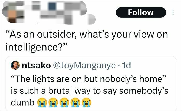 A tweet with a witty comeback: "The lights are on but nobody's home" as a brutal insult. High art of epic burns.