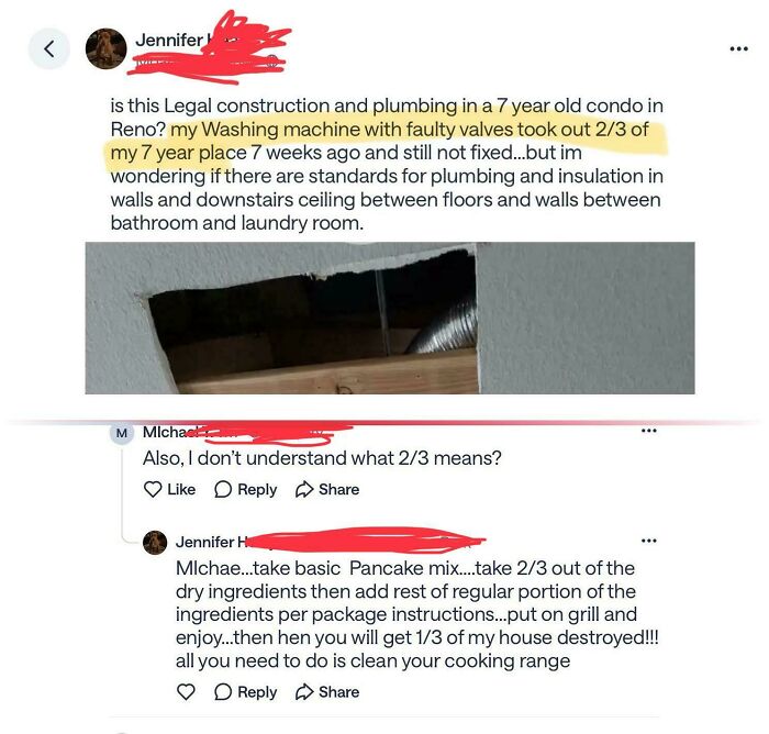 A screenshot of a hilarious neighborhood online community post where a user hilariously explains 2/3 damage with pancake mix.