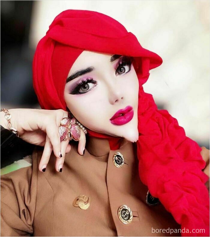 Highly edited Instagram portrait featuring exaggerated facial features and vibrant red headscarf and makeup.