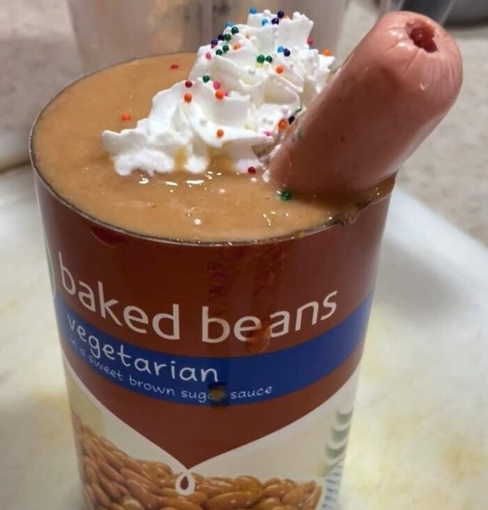 A bananasausage made with baked beans, whipped cream, sprinkles, and a hot dog in a can. A true food crime.