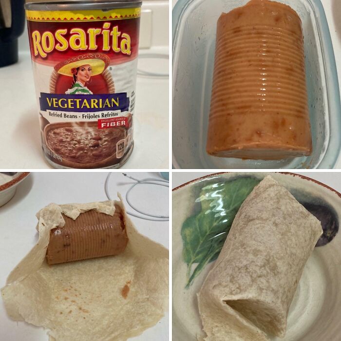 A four-panel image shows the bananasausage creation process from Rosarita refried beans to an unappealing burrito.