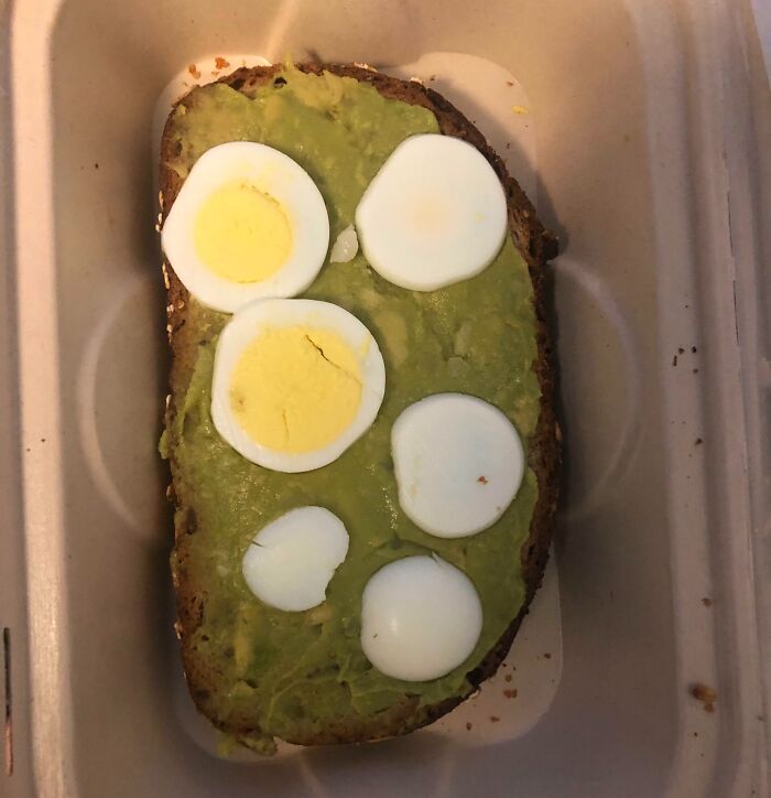 Avocado toast with sliced hard-boiled eggs, a Bananasausage food crime.