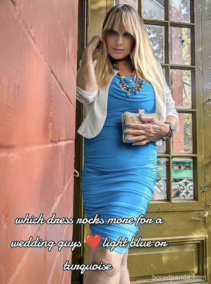 Woman posing in a blue dress and white jacket near a window, showcasing wild Instagram edits and human face effects.