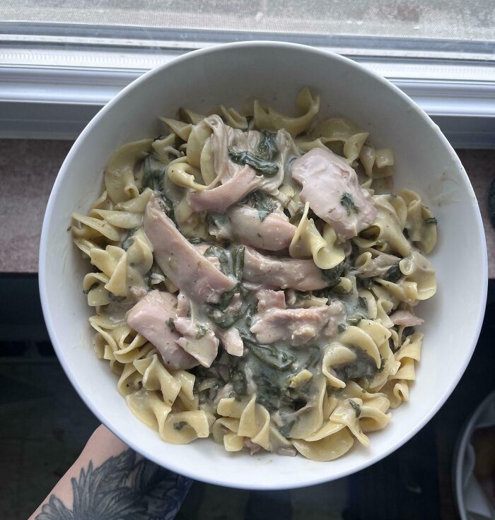 Creamy noodle dish with chicken and spinach, a questionable bananasausage food crime.