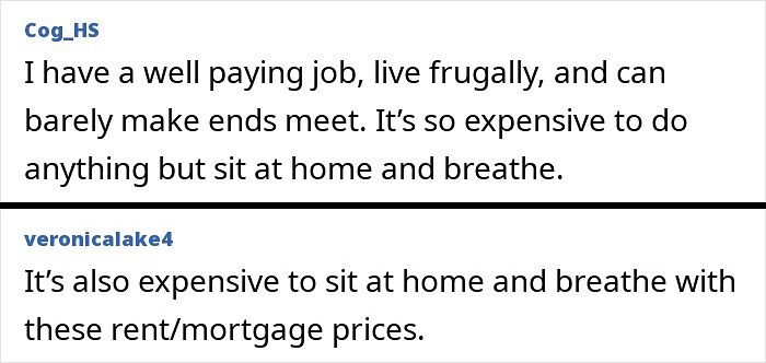 Alt text: Screenshots of online comments highlighting high living costs and financial struggles in dystopian United States.