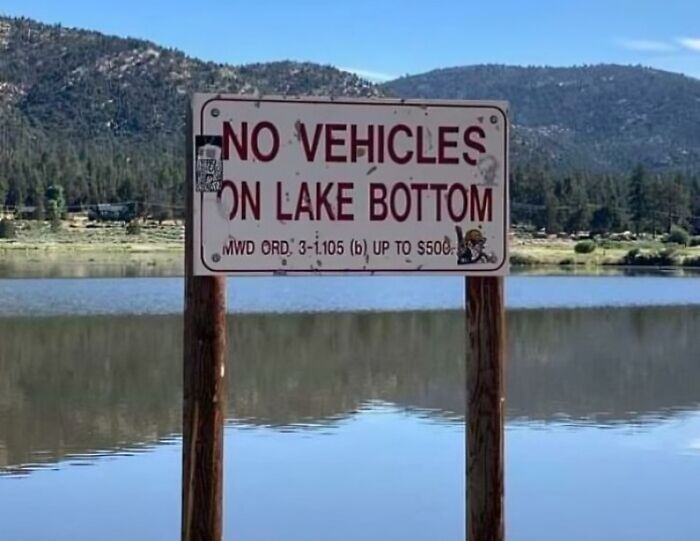 Sign by a lake stating "NO VEHICLES ON LAKE BOTTOM," highlighting an oddly specific rule like wearing underwear.