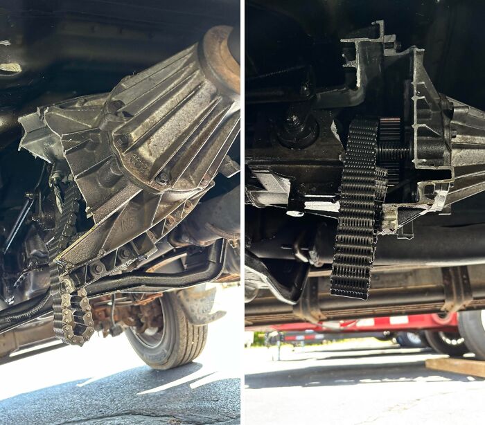 Close-up of damaged car transmission chain hanging from vehicle underside taken by car mechanics to show the issue.