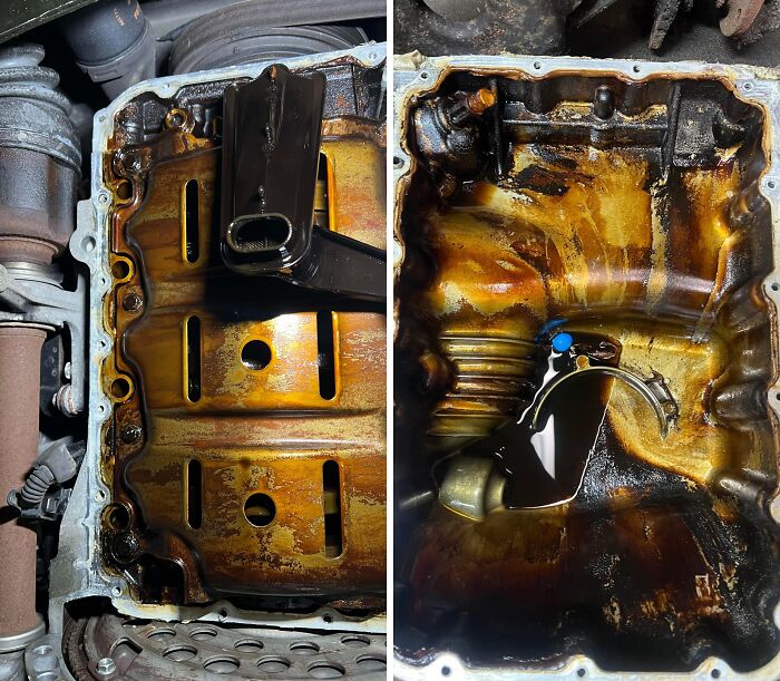 Close-up images of car engine oil pan removed by mechanics to show internal damage and oil contamination.