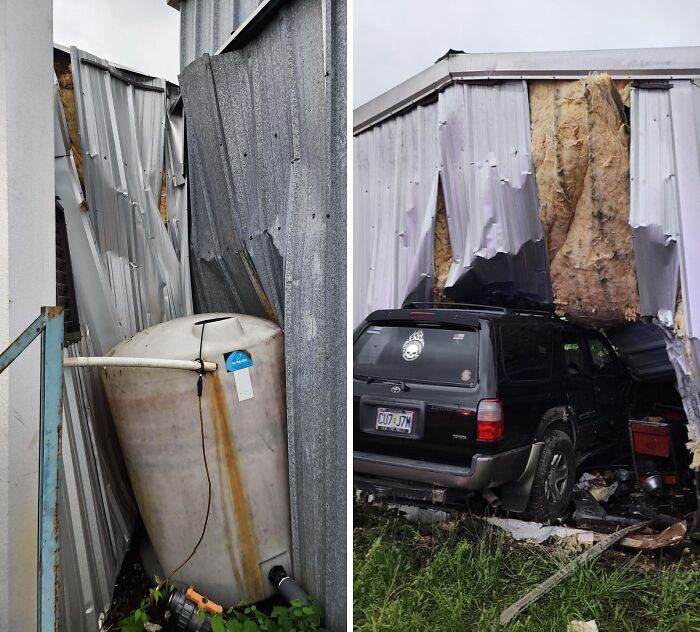 Car mechanics capture images of unusual damage including crushed metal and vehicles stuck in structures to prove their challenges.