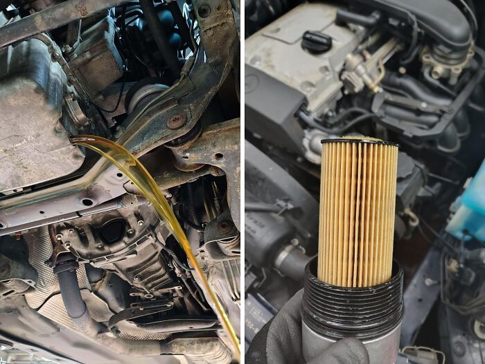 Car mechanics showing used oil filter and draining old engine oil during vehicle maintenance and repair work.