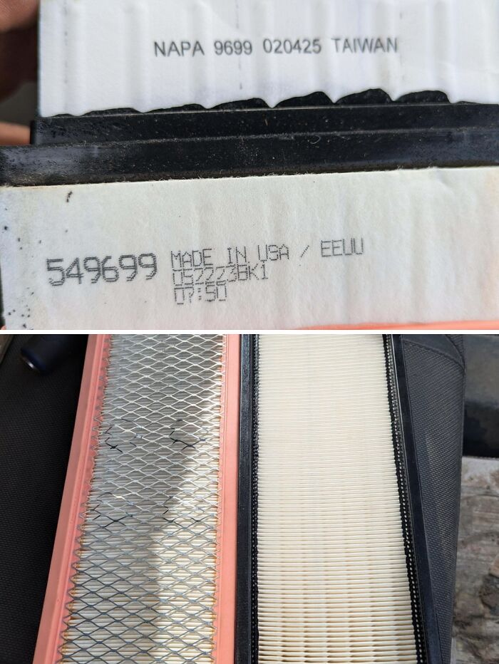 Close-up of used and new car air filters showing contrast, highlighting car mechanics proving their work with detailed pics.