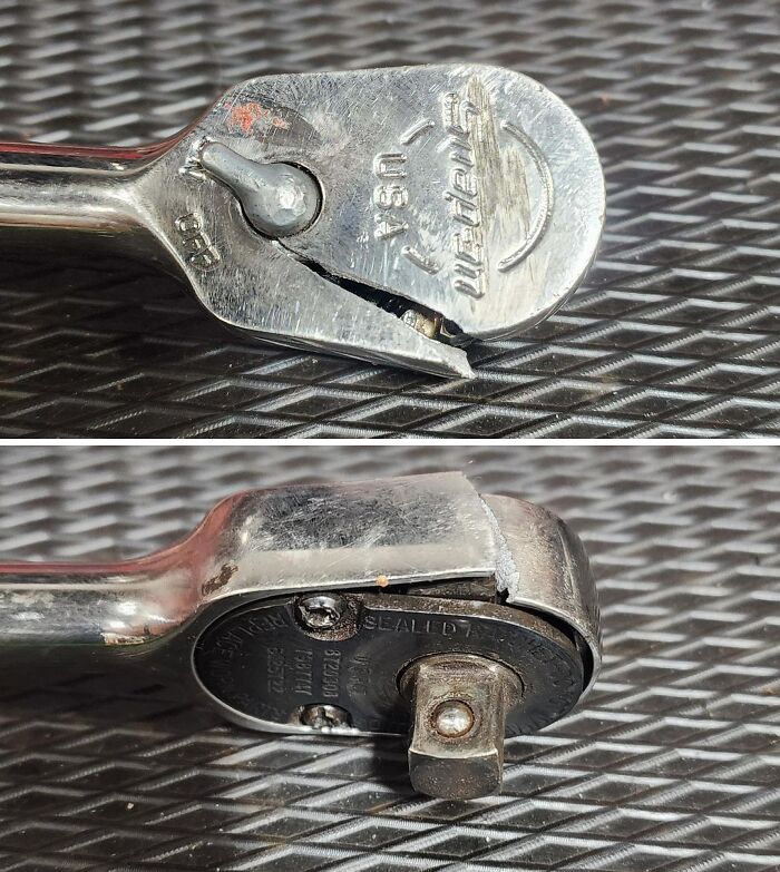 Close-up shots of a broken ratchet tool showing damage for car mechanics to document their work.