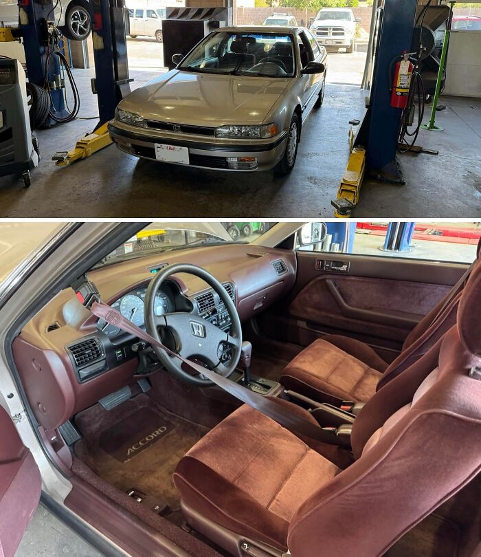 Car mechanics capture vintage Honda Accord in garage with close-up of the worn interior and seatbelt issue.