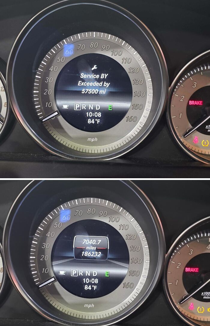 Car mechanics share dashboard photos showing service overdue by 57500 miles and odometer reading 186232 miles.