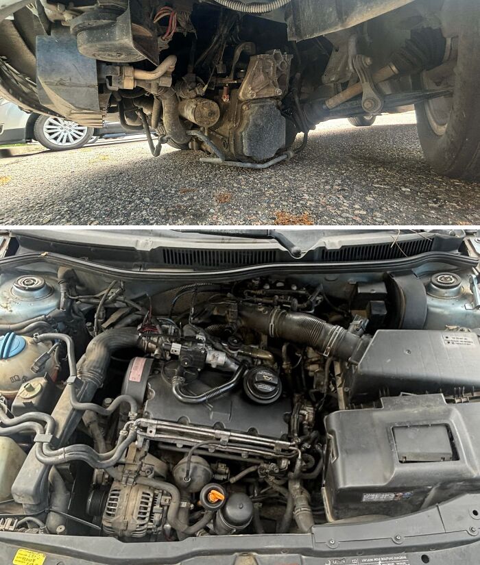 Close-up views of car mechanics showing engine and undercarriage parts to document vehicle issues.