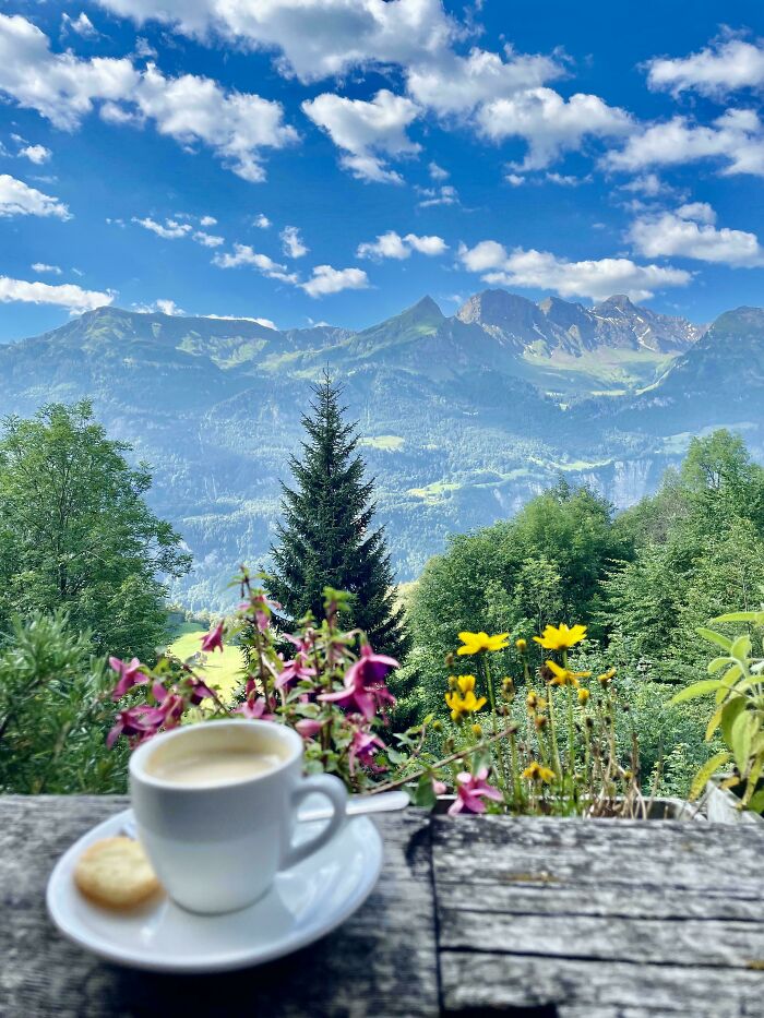 A white cup of coffee with a cookie on a rustic wooden surface, vibrant flowers, and a stunning mountain view under a blue sky, perfect for a gentle reset.