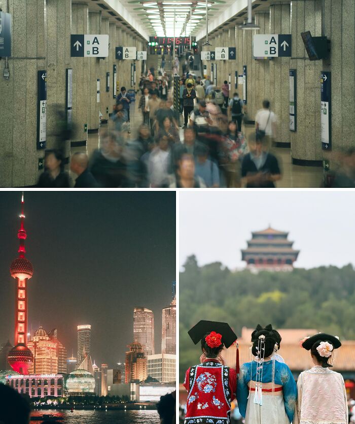 Breathtaking travel photos: a collage featuring a bustling subway station, Shanghai's night skyline, and women in traditional dress.