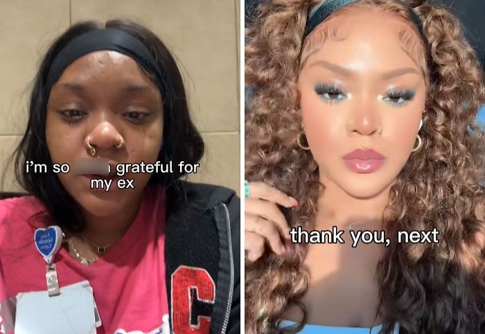 Before and after post-breakup transformation of a woman showing gratitude with makeup and hairstyle changes.